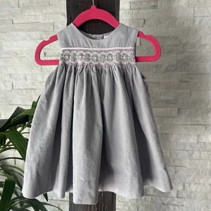 Grey Pink Cotton Smocked Floral Embroidered Pearl Stitch Dress Size 3 Months - Picture 1 of 7