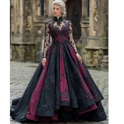 Готические свадебные платья черный виноград фиолетовый длинные рукава кружева аппликация складки платье - Изображение 1 из 4
