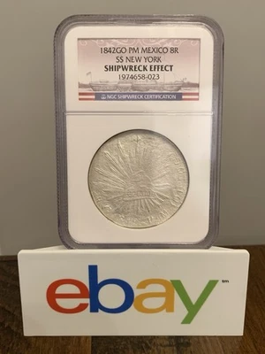RARE SS NEW YORK 1842 GO PM MEXICO 8 REALE SHIPWRECK EFFECT SUNKEN TREASURE COIN - Image 1 of 4