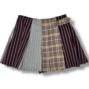 Gianni Bini GB Girls Mixed Media Faux Wrap Plaid Pleated Mini Skirt Sz 12 Brown - Picture 1 of 6
