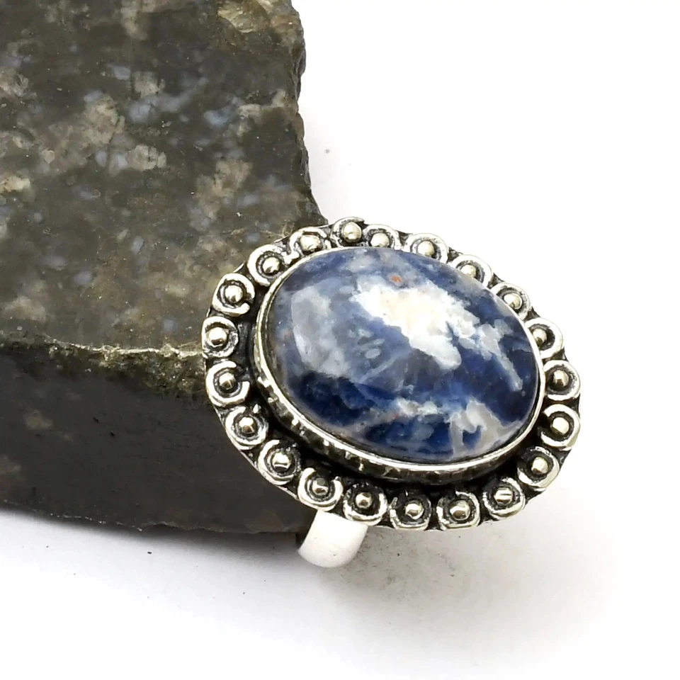 Sodalite Gemstone Ethnic Handmade Ring Jewelry Gift US Size-6.75 AR 34798 - Image 1 of 1