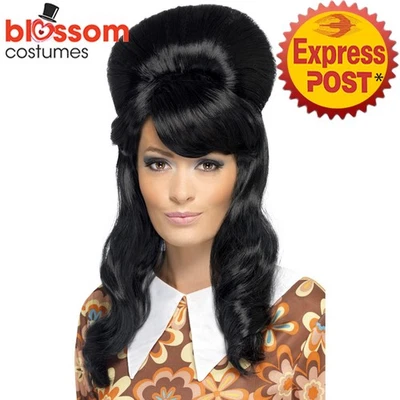 W475 Peluca Disfraz Brigitte Bouffant Años 60 Negro Colmena Pelo Rock Hippy Mod Niña Foto 1 de 2