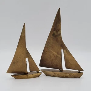 Set of 2 Vintage Brass Sailboat Nautical Ocean Beach Décor Ship Sculpture MCM - Picture 1 of 22