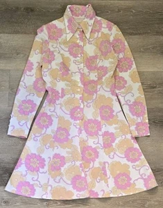 Vintage 70s Pink White Psychedelic Flower Power Short Dress dagger Collar S 10 - Picture 1 of 6