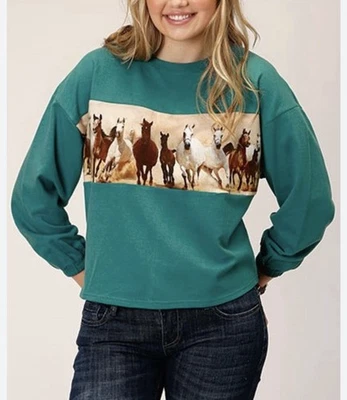 Horses Western French Terry Roper Sweatshirt Womens Medium Turquoise Long Sleeve - Image 1 of 4