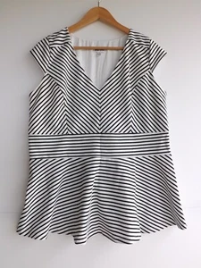 City Chic Top S Plus Size Womens White Black Stripe Peplum Cap Sleeve Pullover - Picture 1 of 7