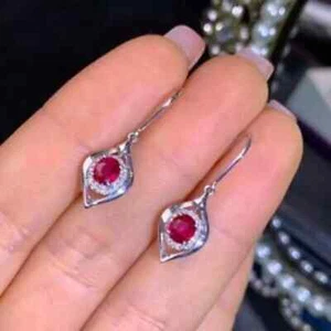 2Ct Oval Lab-Created Red Ruby Diamond Drop/Dangle Earrings 14K White Gold Over - Picture 1 of 3