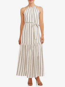 ECI Striped Belted Dress, Ivory/Navy, X-Small - Picture 1 of 4
