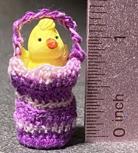 Dollhouse Miniature Purple Basket with Lil Yellow Chick Handmade Hand Crocheted - Picture 1 of 8