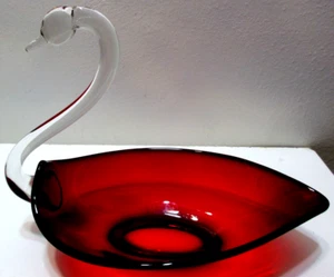 Vintage Duncan Miller Glass Swan Open Dish Centerpiece Bowl Red Crystal 11 1/2" - Picture 1 of 7