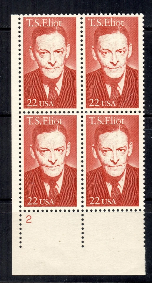 #2239 1986 22-cent T. S. Eliot block of 4 MNH w/plate# - Image 1 of 1