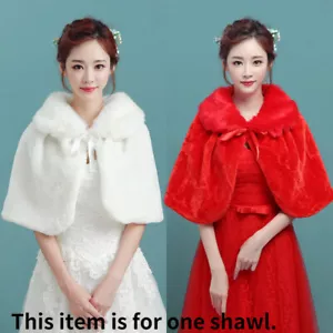 Women Faux Fur Shawl Party Wedding Cropped Shrug Jacket Bowknot Bolero Cape - Picture 1 of 7