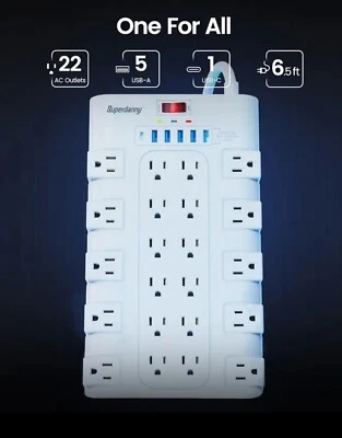 Surge Protector Power Strip 22 AC Outlets 6 USB Ports Type C White - Image 1 of 4