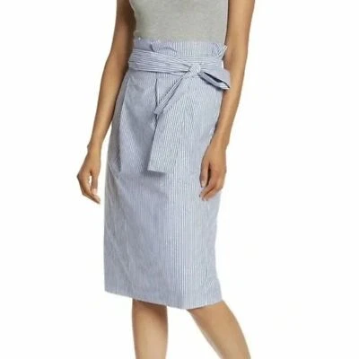 NWT J. CREW Blue White Striped Paper Bag Tie Waist Midi Skirt Size 16 - Image 1 of 4