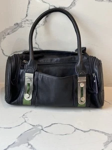 Cul-De-Sac Black Leather Handbag, Duffel/Cylinder, Floral Lining, Gifts For Her - Picture 1 of 16