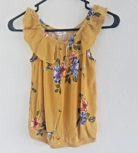 Persaya Girl Yellow Floral Sleeveless Ruffle Neck Blouse Girls Youth Size Large - Picture 1 of 6
