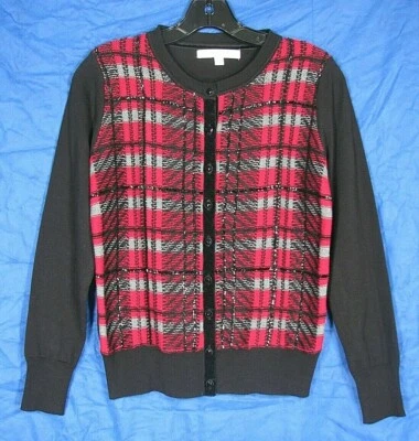FOXCROFT Red/Black Plaid MID-WEIGHT Sequined BUTTON-UP Sweater/Cardigan S-P - Image 1 of 4