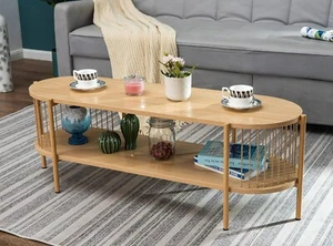 Bamboo Coffee Table 2-Tier Oval Coffee Table with Storage Shelf Mid Century - Picture 1 of 10