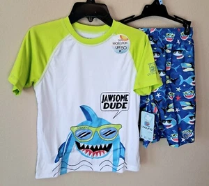 Laguna Rash Guard Swim Set 7 Boys Shark Blue Lime Green Short Sleeves Trunks - Picture 1 of 6