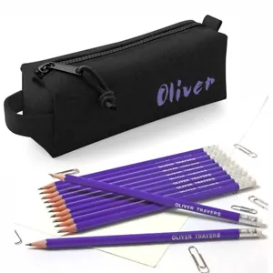 Astuccio portamatite nero personalizzato con 12 matite stampate HB con gomme - Viola - Foto 1 di 7