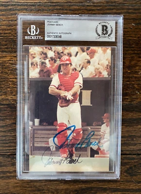 Rare Encased BAS Johnny Bench Signed / Autograph Cinci Reds Team Issued Postcard - Image 1 of 4