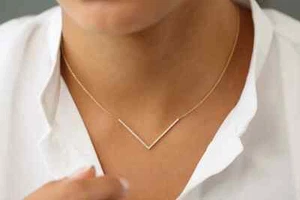 Moissanite Minimal Chevron Women Necklace Pendant 925 Sterling Silver - Picture 1 of 8