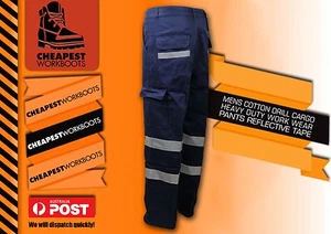MENS COTTON DRILL CARGO WORKWEAR PANTS REFLECTIVE TAPE + free 2 meter licorice - Picture 1 of 2