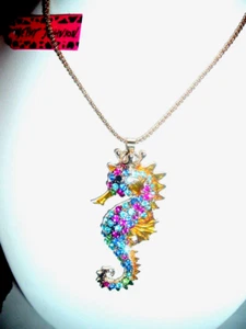 Betsey Johnson MULTICOLOR Pave Crystal SEAHORSE Gold Pendant NECKLACE NWT - Picture 1 of 5