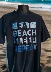 Old Navy boys blue "Eat Beach Sleep Repeat" stretch swim shirt. Size Small (6-7) - Picture 1 of 5