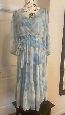 Calvin Klein Blue Watercolor Foral Long Blouson Sleeve Tie Maxi Dress Size 8 - Image 1 of 4