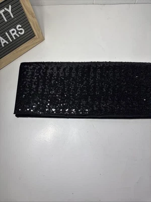 Banana Republic Monogram Sequin Black Clutch Bag Evening Purse - Image 1 of 4