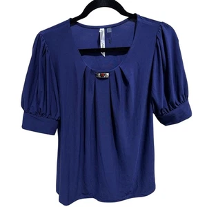 NY Collection Puff Sleeve Top Women Size M Navy Blue Square Neck Blouse NEW - Picture 1 of 6