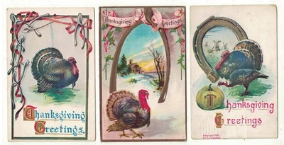 3 U.S. Embossed Thanksgiving Day Postcards Featuring Wishbones & Lucky Horseshoe - Image 1 of 4