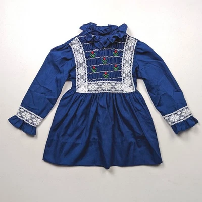 Vestido Vintage Polly Flinders Meninas Tamanho 2-3T Azul Decote Simulado Natal - Imagem 1 de 4