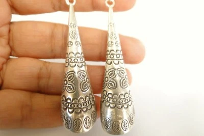 Long Conical Thai Hill Plain No Stone Tribal Motif 925 Sterling Silver Earrings - Image 1 of 4
