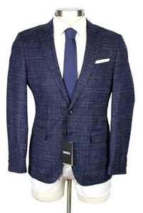 Boss Sport Coat 36 R Men's Dark Blue Plaid Wool Cotton Linen Slim Fit Hutson - Picture 1 of 12