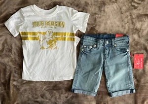 True Religion T Shirt Jean Shorts Set Boys Sz 6 Geno Gold Foil White 2 Piece - Picture 1 of 12