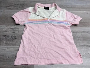Vintage 80s Girls Polo Shirt Silver Unicorn Pink Rainbow Striped Preppy Size M - Picture 1 of 9
