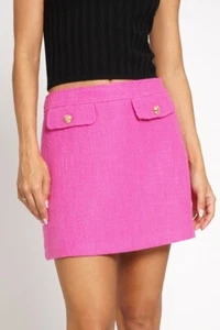 Valentines Day Hot Pink Tweed Faux Pocket Woven Button Mini Skirt Women's - Picture 1 of 3