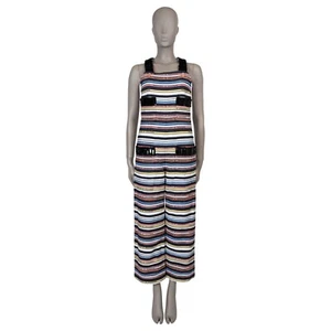 71071 auth CHANEL black multi cotton 22S SEQUIN TRIM STRIPED Jumpsuit Suit 36 XS - Picture 1 of 8