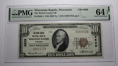 $10 1929 Wisconsin Rapids Wisconsin National Currency Bank Note Bill #4639 UNC64 - Image 1 of 4