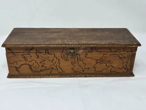 ANTIQUE 1900'S HANDCRAFTED PYROGRAPHY ART FLOWERS WOOD TRINKET BOX 12.75" - Picture 1 of 11