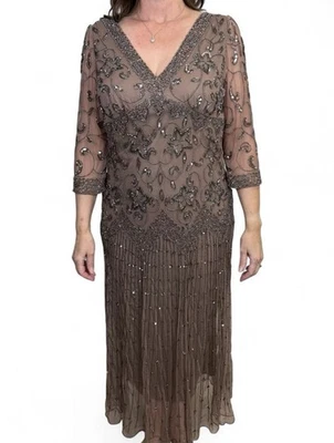 Vestido Pisarro Nights Marrón Malla Manga Tres Cuartos Cuentas Talla 12 Foto 1 de 4