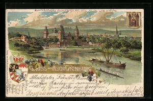 Präge-Künstler-AK Aschaffenburg, Uferpartie mit Schloss, Wappen 1900  - Picture 1 of 2