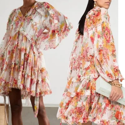 Zimmermann Mae Frilled Dress Size 3 AU 14 / US 10 Silk Floral Print Long Sleeve - Image 1 of 4