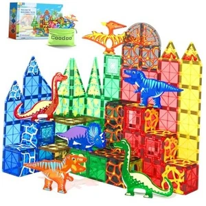 102PCS Dinosaur Toys Magnetic Tiles with 8 Dinosaurs - Jurassic Scenes  - Picture 1 of 8