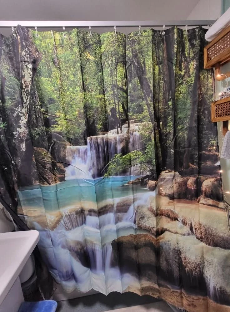 Jejeloiu Waterfall Zen Shower Curtain - Chinese Style Nature Scenery, 72x78 Inch, Waterproof Polyester, Green