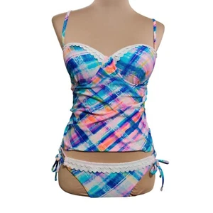 OP Womens Juniors Swimsuit Tankini Set Underwire Lace Trim Colorful Plaid Sz M - Picture 1 of 8