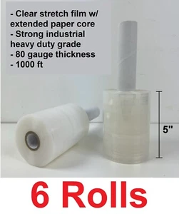 6 Roll 5"x1000' Heavy Duty 80ga mini stretch plastic wrap film with paper handle - Picture 1 of 5