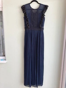 DRESS MAXI UK 10 BY AMELIA ROSE PLEATING CROCHET LACE & FRILL NAVY & BLACK BNWT - Picture 1 of 4
